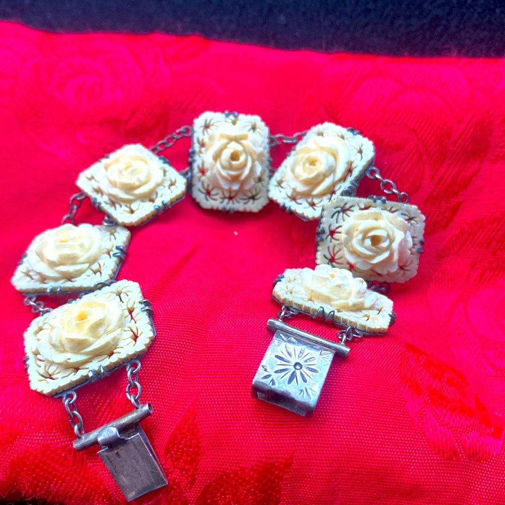 Vintage Starling Silver Carved Bone Flower Panel Bracelet